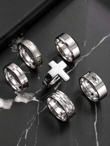 6pcs Men's Stainless Steel Ring Set, Includes Cross, Spider Cut, Roman Letter, And Plain Rings, Fashionable Accessories Suitable For Men's Daily Wear, Holidays, Dates, And Gifts