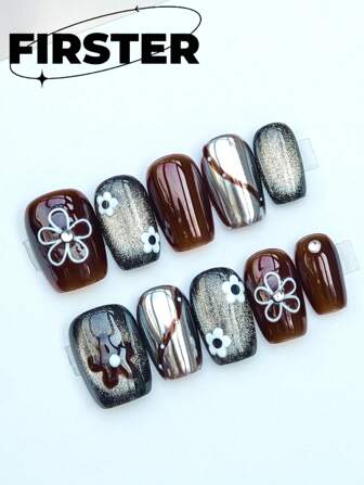 10個 正方形ハンドメイド プレスオンネイル、ショートプレスオンネイル、フェイクネイル、ブラウンネイル、ホリデーネイル、サマーネイル、キャットアイネイル、ポリジェルネイルキット、メタリックネイル、ラインストーンネイル、アクリルプレスオンネイル、パーティー、お祝い、日常着用に最適、ツール付属、女性や女の子へのギフトに最適なネイルサプライ