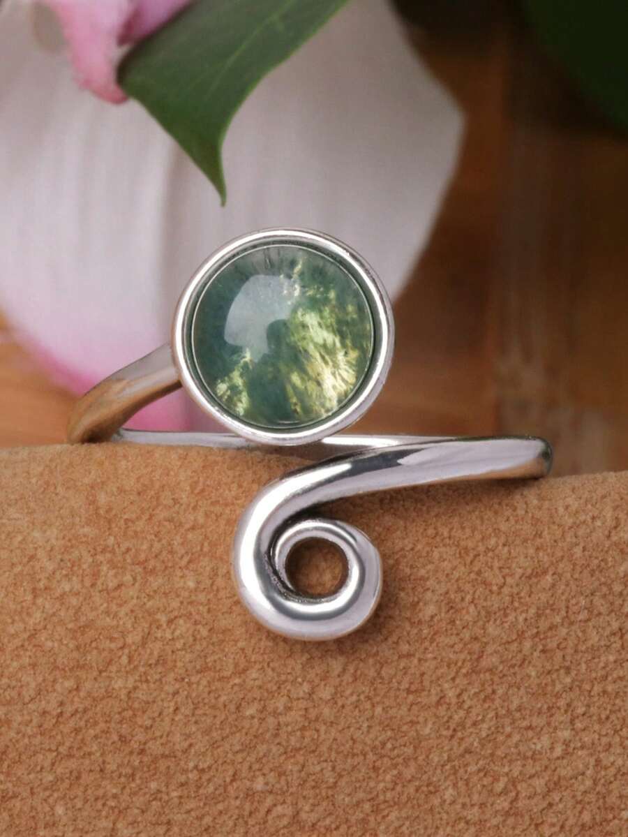 1pc Alloy Silver-Plated Adjustable Ring With Embedded Agate, Unisex Gemstone Ring - Green - View 1