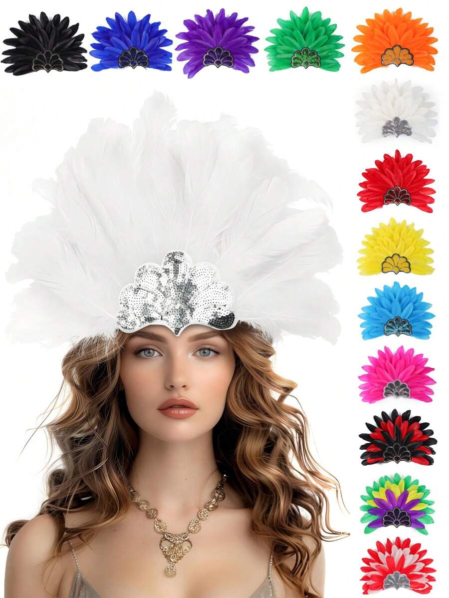 1 件女士羽毛头饰羽毛亮片头饰狂欢节头饰服装歌舞女郎配饰，万圣节