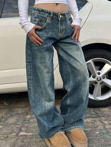 Women's Sexy Low-Waist Ripped Elastic Waist Straight Wide-Leg Jeans