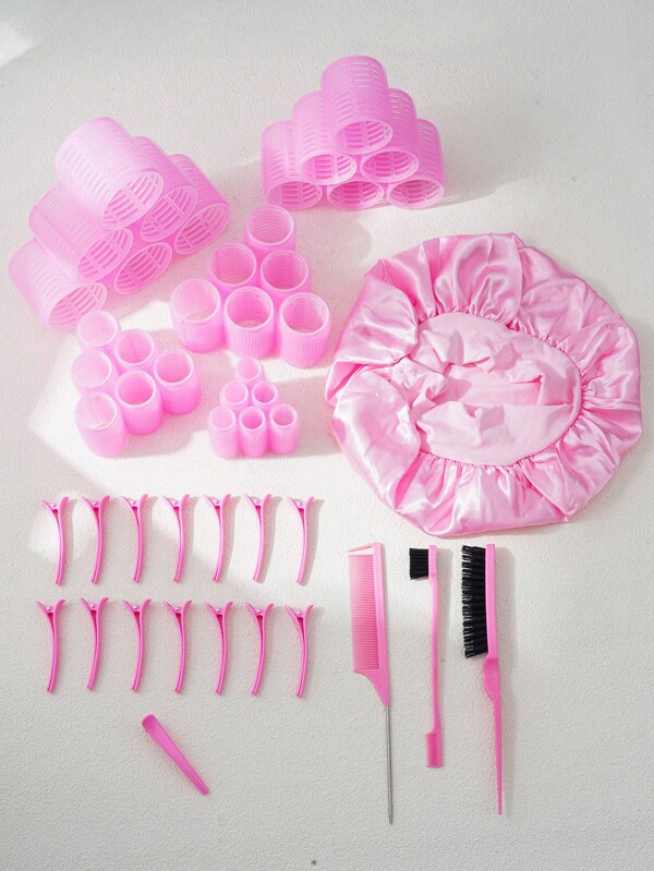 49pcs Set, Including 30pcs Plus Size Self-Grip Foam Hair Rollers For Women, 15pcs Seamless Duck Clip Hair Pins, 1 Set Of Comb And Sleep Cap, Hair Styling Tools For Curling, Bun Making, Braiding - Hair Rollers/Curlers