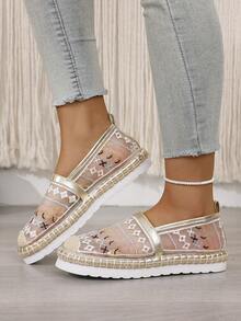 Chaussures de pêcheur à plateforme en paille à maille brodée, importées pour le printemps/automne. Coupe décontractée pour les vacances et le port quotidien. Un design texturé unique crée une ambiance romantique - Doré - Voir 4