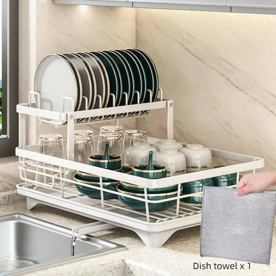 Dish Drying Rack, Extendable Dish Rack For Kitchen Countertop, Double Tier No Design, Stainless Steel Dish Drainer With Drain Board Set And Knife And Fork Holder, Cutlery Rack Kitchen Gift (Black, White) - 白色 - 查看 1