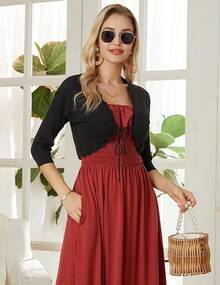 Women's 3/4 Sleeve Bolero Shrug Lightweight Open Front Cropped Cardigan Knit Shrugs For Dresses - màu đen - Xem 2