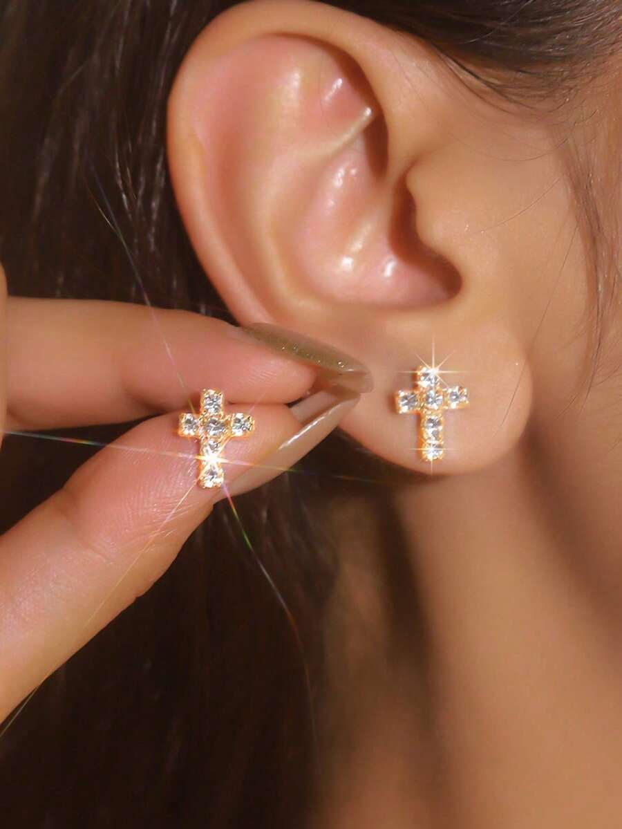 1 Pair Sparkling Crystal Stud Earrings, Suitable For Women To Wear To Parties - Gold - View 1