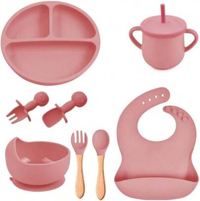 Kit de Introdução alimentar 8 peças Bebê Silicone Prato Babador Copo