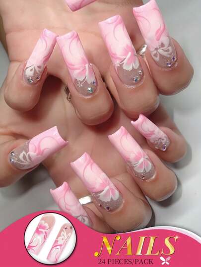 24 PIEZAS Uñas postizas largas y cuadradas - Degradado rosa con puntas francesas, patrón de mariposa blanca y detalles de rhinestone - Lindo estilo Y2K Juego de uñas falsas con pegamento de gelatina y lima de uñas, adecuado para todas las mujeres, ideal para uso diario, fiestas y atuendos