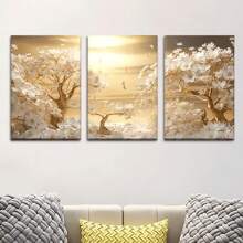 3 件套优雅花卉帆布艺术套装 - 无框，白色花朵和金色色调的风景，适合客厅、办公室、咖啡厅装饰 - 生日、节日、情人节、咖啡厅艺术品装饰装饰品无框艺术品、自然装饰的完美礼物 - 彩色 - 查看 2