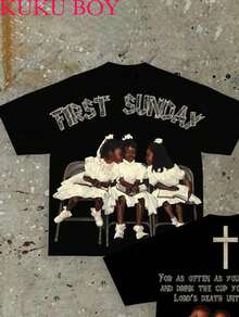 Kuku Boy FIRST SUNDAY Printed (180g Pure Cotton T-Shirt) Cotton T-Shirt - Soft And Breathable, 100% Pure Cotton Fabric - Comfortable And Energetic Summer Street Style Short Sleeved T-Shirt, Cool Design Retro Summer Men's Daily Wear T-Shirt - 黑色 - 查看 2
