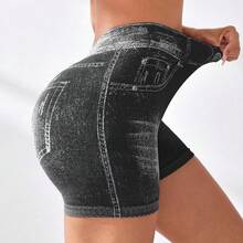 Women's V Back Workout Shorts, Denim Print High Waisted Shorts Stretchy Scrunch Slim Fit Yoga Biker Jegging Butt Lifting Sports Fitness Yoga Pants - màu đen - Xem 3