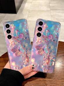 1个夜光水晶蝴蝶透明软手机壳，兼容三星Galaxy A04e/12/A13/A14/A34/A50/A52/A53/A54/S21/S22/S23/S24/S25/S25 Ultra，2D印花图案，防水防震防摔防刮。 - 無色 - 查看 3