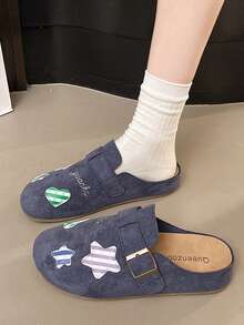 1 Pair Cute Applique Decor Slip-On Slippers, Korean Style Girl Retro Flat Sandals, Fashion Buckle Design, Round Toe Casual Soft Bottom Loafers, Ballet Flats, Lightweight Versatile Slip-On Shoes, Suitable For Christmas (Run Small)