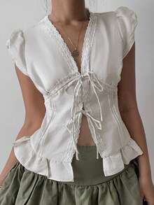Women Short Sleeve Lace Trim Ruffle Hem Tops Tie Front Cap Sleeve Casual Shirts Cardigan Blouse - 白色 - 查看 2