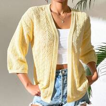 Women's Short Light Solid Color Casual Ribbed Mesh Cardigan - Yellow - View 4