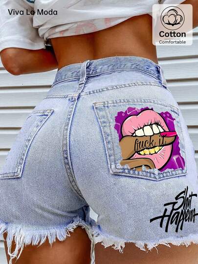 Viva La Moda# Shorts vaqueros casuales y de moda con dobladillo deshilachado y estampado gráfico, adecuados para primavera/verano, casual, vacaciones, diario, fiesta de cumpleaños, fiesta de solteros, viaje, actuación en el escenario, té, aeropuerto