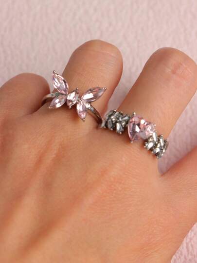 11pcs/Set Delicate Cute Pink Rhinestone Rings, Birthday Party Gift For Girls & Boys, Accessories For Daily Wear