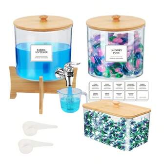Liquid Laundry Detergent Dispenser,Laundry Room Organization Laundry Pods Container & Dryer Sheet Holder With Lids & Labels, Fabric Softener Dispenser For Detergent Powder Dryer Balls Beads, Bathroom Accessories, Room Decor