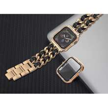 2PCS For Apple Watch Band Accessory Set – Rose Gold & Black Leather Chain Band With Matching Bling Protective Case – Elegant Jewelry-Inspired Watch Bracelet + Full Cover Screen Protector – Compatible With I-Watch Series Ultra/10/9/8/7/6/5/4/3/2/1 SE (38mm–49mm) – Ideal For Stylish Women, Holiday Gifts, Or Night Out Glam