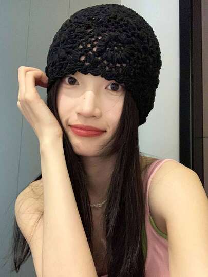 1 件黑色涤纶镂空渔夫帽，手工花卉女式渔夫帽，透气秋季配饰