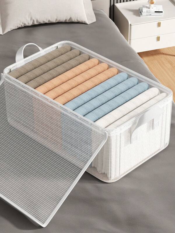1pc Transparent Clothing Storage Box, Underwear Storage Box, Pants Storage Box, Covered Storage Box, Foldable Storage Box, Internal Steel Frame Stackable, Clothing Classification Storage, Wardrobe Storage Accessories, Home Decorations, Dormitory Return To School Classification Storage, Waterproof And Dustproof