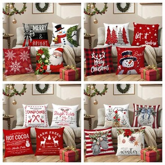 4 pièces/96 pièces Housses de coussin de Noël festives, 45 x 45 cm, fermeture à glissière, designs rétro du Père Noël et du bonhomme de neige avec boîtes-cadeaux et couronnes, décoration de vacances de style ferme pour le porche, le patio, le canapé, le salon (hors rembourrage de coussin)