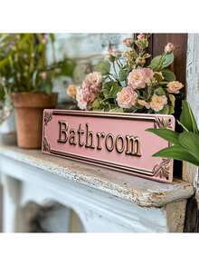 1pc Vintage Pink Bathroom Metal Sign - Rustic Tin Wall Decor For Home, Cafe, Restroom & Woman Cave - No Electricity Needed, Easy Install, Durable Fade-Resistant Art, Bathroom Wall Decor | Vintage Style Sign | Highquality Finish - Multicolor - View 3