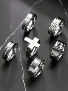 6pcs Men's Stainless Steel Ring Set, Includes Cross, Spider Cut, Roman Letter, And Plain Rings, Fashionable Accessories Suitable For Men's Daily Wear, Holidays, Dates, And Gifts