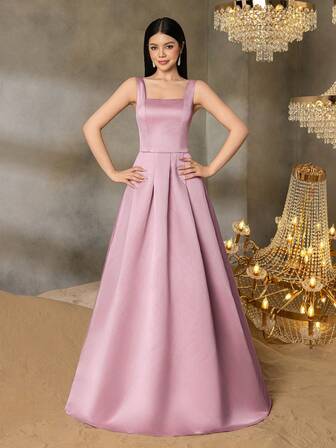 Alisa&Leo 少女优雅缎面毕业礼服，后背交叉系带 - 方领礼服，适合毕业舞会、学校活动和青春庆典