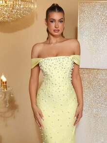 New Sexy Yellow Heavily Embellished Pearl & Rhinestone Off-Shoulder Bandage Maxi Dress, Elegant Women's Birthday Party, Wedding Guest, Formal Dinner, Christmas Party Gown - Yellow - View 8