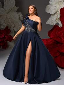 VIPGIRL New Elegant Navy Blue Asymmetrical Shoulder Bowknot Sequin Patchwork Plus Size Women Formal Luxury Evening Gown - Navy Blue - View 3