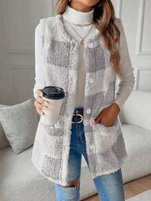 2025 Herbst/Winter Damen Lässig umkehrbarer Fleeceweste, karierter Jacke