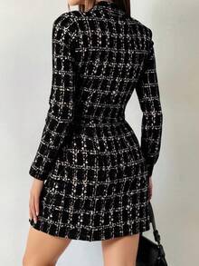 Vestido corto dama muer tejido stretch suave cuadros elegante botones dorados cuello doble solapa manga larga bajo en A formal día noche trabajo diario evento primavera verano invierno - Blanco y Negro - Ver 2