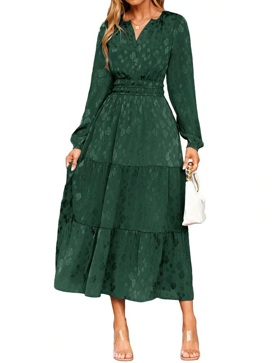 Womens Casual Long Sleeve Dress Fall Elegant Wedding Guest V-Neck Maxi Satin Floral Dresses 2025 - 墨綠色 - 查看 1
