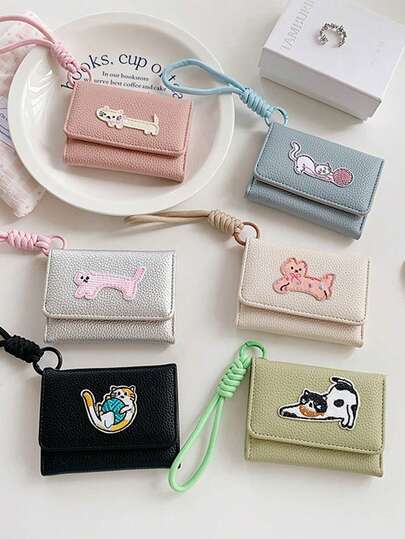 ins风刺绣猫咪零钱包，高品质手持收纳袋，时尚短款钱包，多功能学生零钱包，卡包