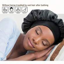 1 Double-Sided Silky Satin Hair Cap With Wide Brim, Double-Wearing Cap, Super Large Size (Black) Suitable For Sleeping To Protect Hair - 黑色 - 查看 1