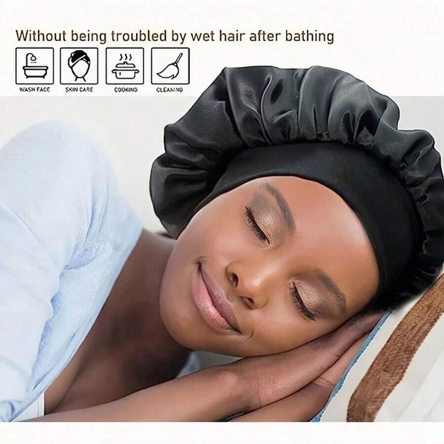 1 Double-Sided Silky Satin Hair Cap With Wide Brim, Double-Wearing Cap, Super Large Size (Black) Suitable For Sleeping To Protect Hair - 黑色 - 查看 1