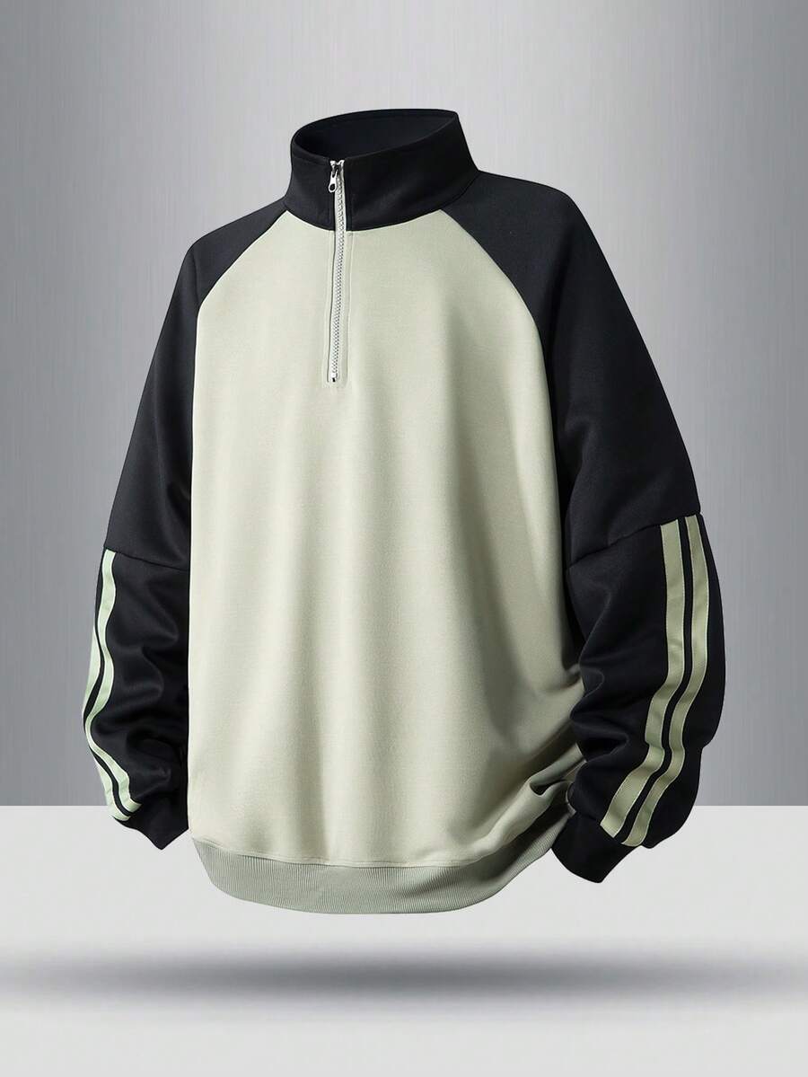 男士插肩袖条纹休闲套头衫，百搭，春秋季 - 綠色 - 查看 1