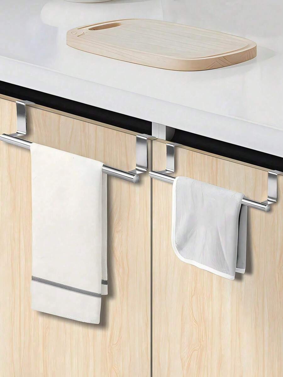 1pc Stainless Steel Towel Bar, Bathroom Door Hanging Towel Rack, Bathroom Accessory, No-Drill Cabinet Door Hanging Cloth Rack, Cabinet Door Back Towel Single Bar - Multicolor - View 1