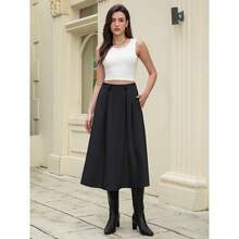 Women's High Waisted Pleated Skirt A-Line Flare Midi Skirt With Pockets Business Casual, Office Work Skirt, Dressy Elegant Outfits,Business Formal - 黑色 - 查看 2