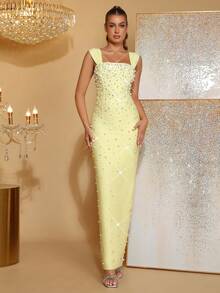 New Sexy Yellow Heavily Embellished Pearl & Rhinestone Off-Shoulder Bandage Maxi Dress, Elegant Women's Birthday Party, Wedding Guest, Formal Dinner, Christmas Party Gown - Yellow - View 1