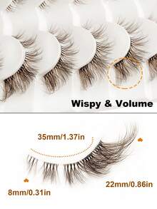 Rikuaild 6 Pairs Natural Soft Brown Lashes Winged End Eye Elongated False Lashes Crisscross Curl Wispy Clear Band Eyelashes Dramatic Look Cat Eye Effect Faux Mink Lashes - 眼尾拉長款 - 查看 3