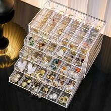 72-Grid Jewelry Drawer Storage Box, Earring Storage Box, Household Large-Capacity Acrylic Jewelry Classification Box, Jewelry Box, Transparent Acrylic, Earrings, Necklaces, Storage Box, Jewelry Box With 72-Grid Storage Compartments, Transparent, Rings, Transparent Jewelry Storage Box, - 透明 - 查看 1