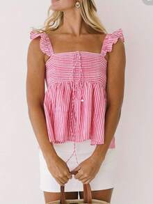 Women Ruffle Cap Sleeve Cami Top Bow Tie Front Backless Smocked Striped Print Peplum Tank Top Ruffle Hem Summer Y2K Going Out Streetwear - Hồng - Xem 1