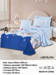 Sabanas Infantiles Individual 100x200cm | Estampado Colorido Infantil | 4 Piezas: Sabana Ajustable, Plana, Funda de Almohada + Cojín Decorativo | Suave y Caliente para Niños | Ideal para Cuna o Camita Infantil - 03 azul - Ver 4