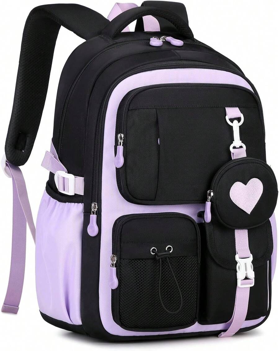 Girls' Backpacks, Grades 1-5, School Backpack For Girls With Cute Coin Pocket, Casual Backpack For Teens And Kids, Ideal For School And Travel, Purple/Black - 黑色 - 查看 1