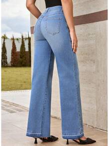 EVALESS Womens Jeans High Waist Straight Leg Wide Leg Frayed Baggy Hem Boyfriends Stretchy Pants