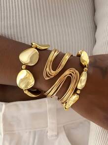 Vintage Elegant Retro Coin Design 1-25pcs/Set Metal Geometric Asymmetrical Hollow Line Wrapped Flower Carved Textured Wide Bangle Bracelet, Exaggerated Hiphop High-End Jewelry For Women Men Couples, Ideal For Vacation, Party, Date, Holiday Gift, Daily Matching, Halloween, Christmas, New Year (Random Style) - Multicolor - View 7