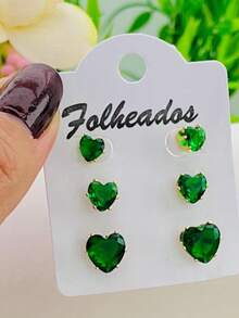 Women's Earring Trio Kit With 3 Pairs Of Stones In Various Colors And Zirconias - Dark Green - View 2