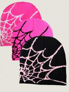 3 件万圣节蜘蛛网提花帽，优雅针织帽适合返校、旅行、派对、休闲、节日穿着秋季配饰 - 彩色 - 查看 3